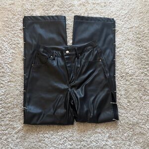 Black Faux Leather Pants with Pearl Detailing